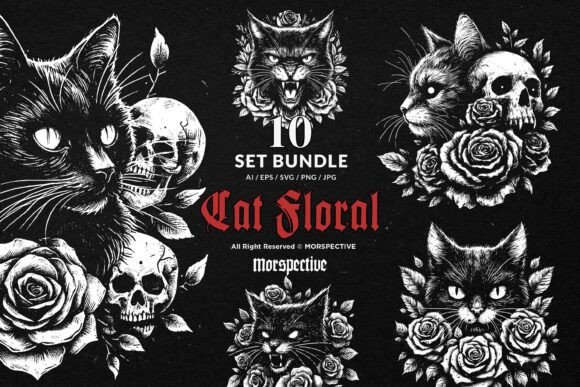 10 Bundle Dark Art Cat Floral Rose Graphics and Illustrations Review