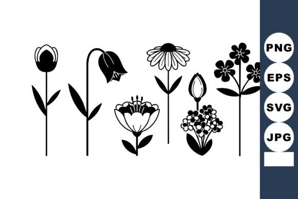 Black and White Silhouette Floral Vector Graphics for Illustrations