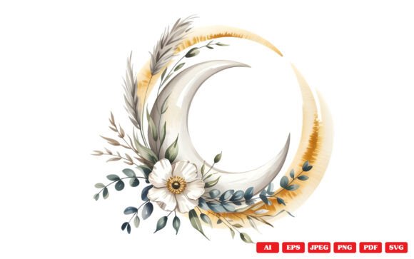 Boho Crescent Moon Floral Clipart for Graphics and Illustrations