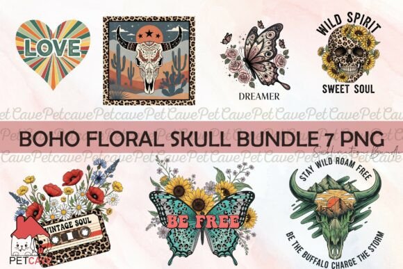 Boho Floral Skull Bundle 7 Png for Graphics and Illustrations