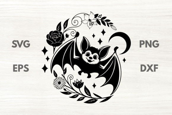 Cute Bat with Floral Frame and Moon SVG Graphics
