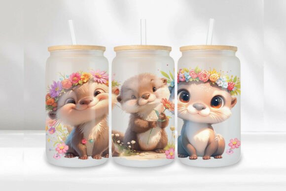 Cute Floral Otters 16oz Glass Can Wrap