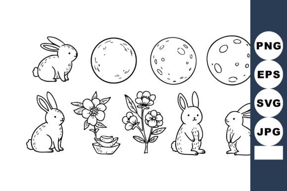 Cute Rabbits and Moon Phases with Floral Graphics