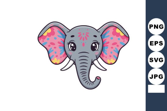 Elephant Head with Colorful Floral Decor for Graphics and Illustrations