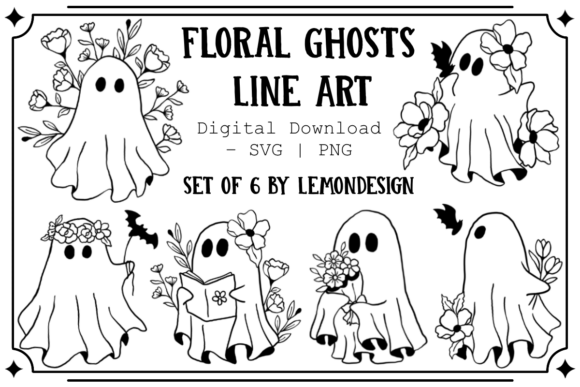 Floral Ghosts Line Art Clipart Bundle: Graphics & Illustrations