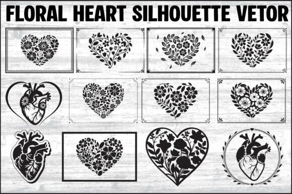 Floral Heart Silhouette Vector Bundle for Graphics and Illustrations