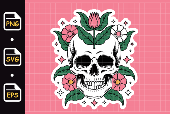 Floral Skull with Pink Flowers and Leaf Graphics & Illustrations