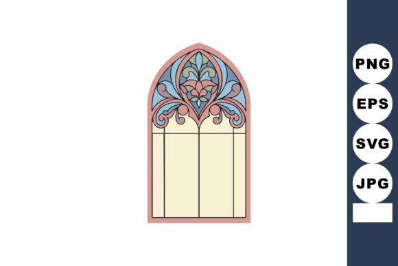 Gothic Arched Window with Floral Stained Graphics & Illustrations