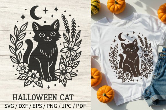 Halloween Cat SVG Floral Autumn Moon Shi: Graphics & Illustrations Review