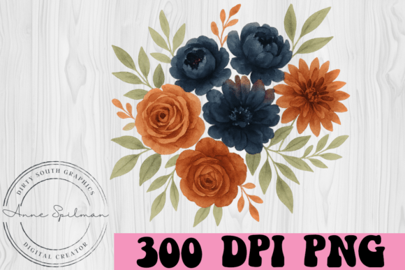 Navy Blue Rust Floral Arrangement Graphics for Illustrations