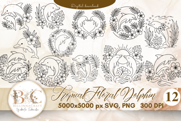 Tropical Floral Dolphin Bundle SVG PNG Graphics for Illustrations