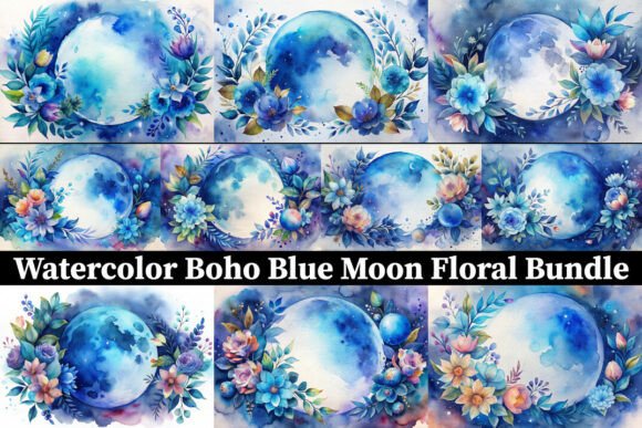 Watercolor Blue Moon Floral Bundle for Graphics & Illustrations