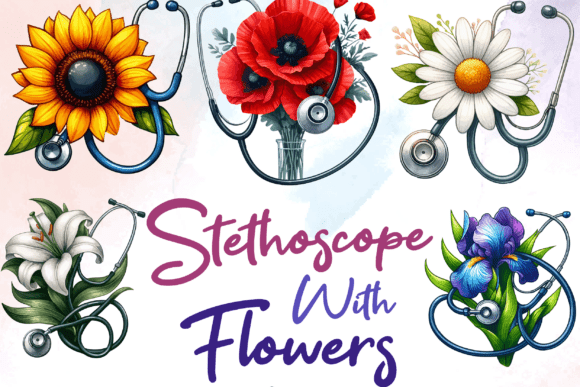 Watercolor Stethoscope Floral Clipart for Graphics & Illustrations
