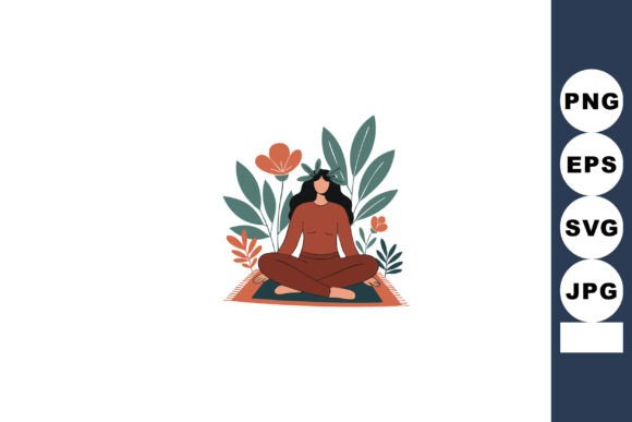 Woman Meditating in Nature with Floral B Graphics & Illustrations